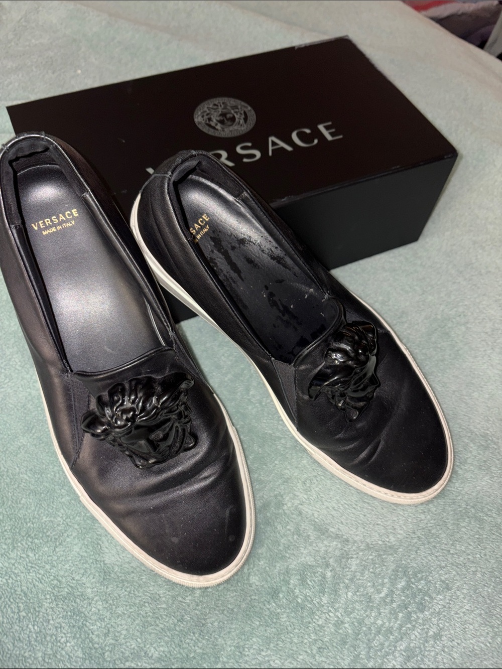 Versace Black Slip-On Loafers with Black Medusa Accent and White Sole